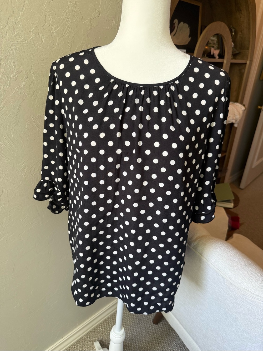 Kate Spade Black White Polka Dot Blouse Top 3/4 Sleeve M